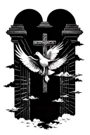 cross gates to heaven dove flying clouds with sun rays tattoo design idea
