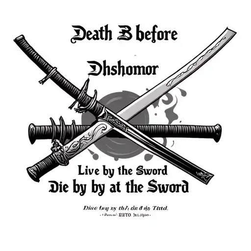 katana that says death before dishonor at the top and live by the sword die by the sword at the bottom tattoo design idea