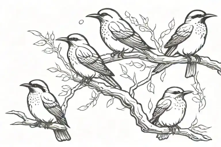 3 birds sitting on the branch snuggled up to one in the middle. all facing the same way he went in the middle bigger tattoo design idea