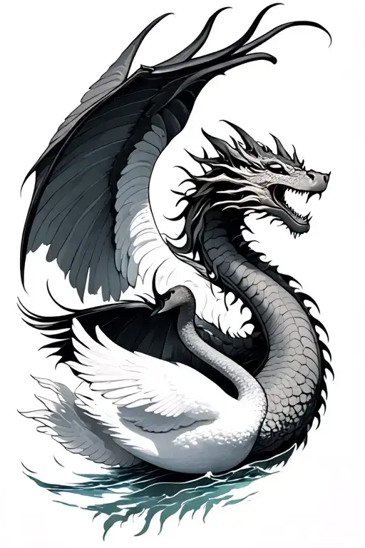 dragon flying away with a swan tattoo design idea
