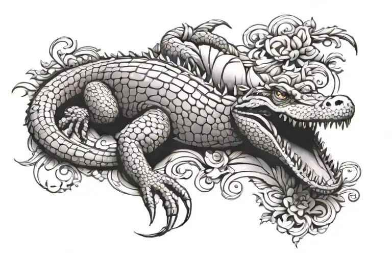 crocodile with floral design tattoo design idea