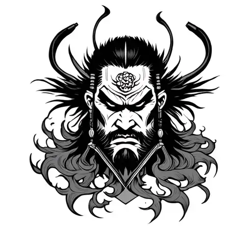 Traditional Japanese Namakubi tattoo design, featuring a severed samurai head with intense, stoic expression, flowing ha tattoo design idea