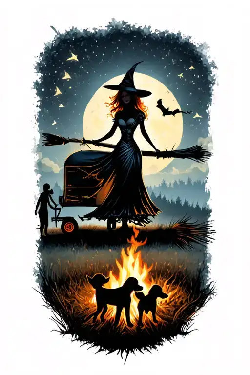silhouette of busty sexy witch bride on broomstick over a campsite with a trailer and campfire with children & dog tattoo design idea