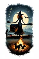 silhouette of busty sexy witch bride on broomstick over a campsite with a trailer and campfire with children & dog tattoo design idea