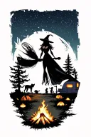 silhouette of busty sexy witch bride on broomstick over a campsite with a trailer and campfire with children & dog tattoo design idea