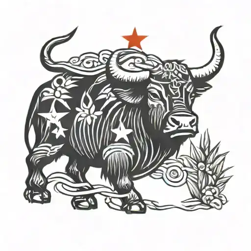 vietnam flag with ox with bamboos tattoo design idea