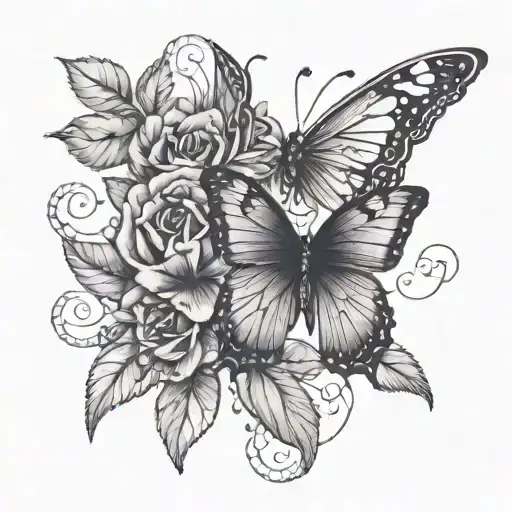 Violet and butterfly surrounded fine line tattoo design idea