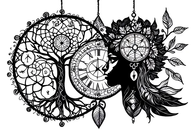 tree of life, dream catcher, Mandela,  clock and compass. feminine  tattoo design idea