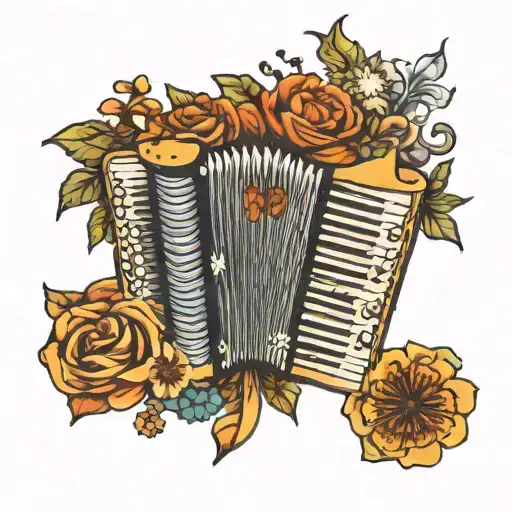 A retro 70's inspired floral design incorporating an accordion and ocean elements tattoo design idea