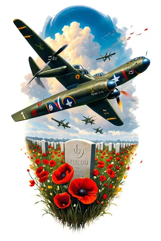lancaster bomber flying with spitfires dropping poppies on a military grave yard tattoo design idea