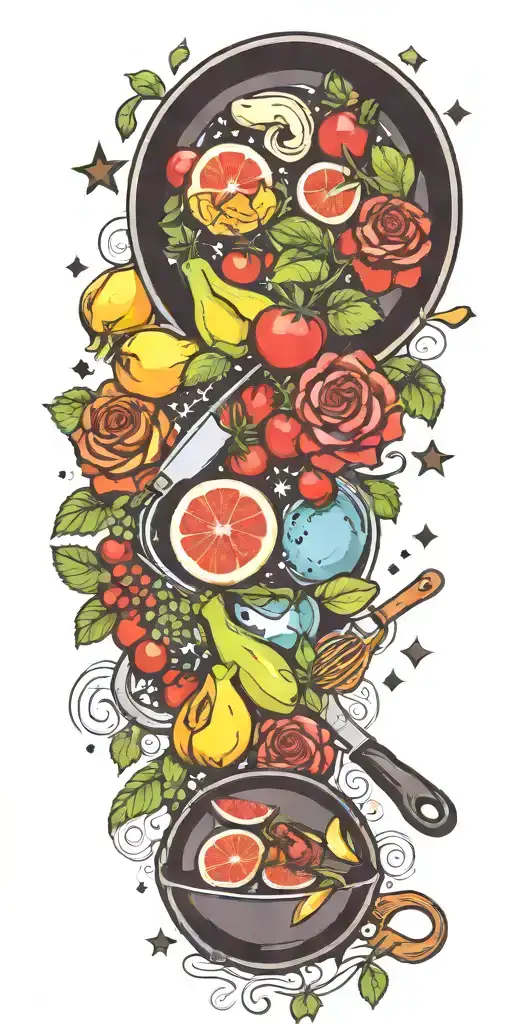 cooking utensils frying pan fruits vegetables steak roses stars tattoo design idea