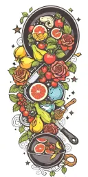 cooking utensils frying pan fruits vegetables steak roses stars tattoo design idea