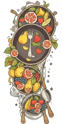 cooking utensils frying pan fruits vegetables steak roses stars tattoo design idea
