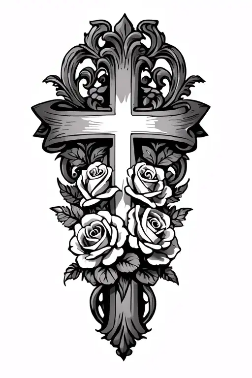 cover up tattoo of an ornate cross with roses and a scroll banner across the top tattoo design idea