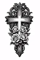 cover up tattoo of an ornate cross with roses and a scroll banner across the top tattoo design idea