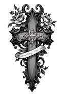 cover up tattoo of an ornate cross with roses and a scroll banner across the top tattoo design idea