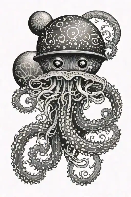 The tentacles stretch from the bottom up. In the center is a New Year's ball. On top is a jellyfish tattoo design idea