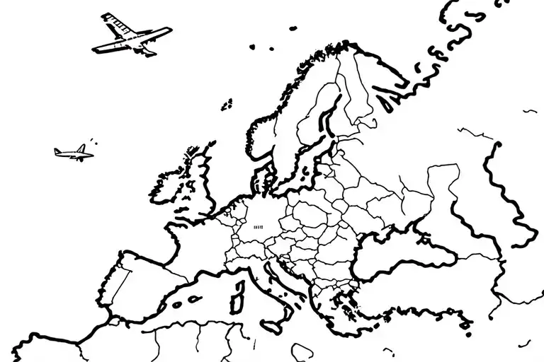 europe map with small plane flying tattoo design idea