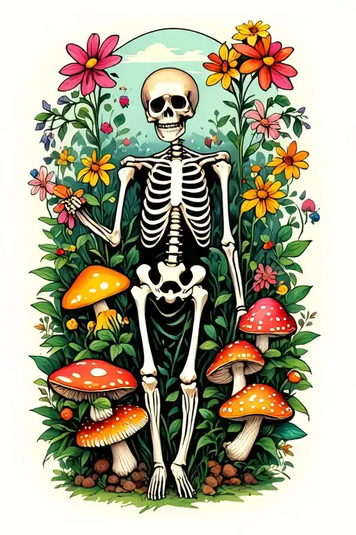 Skeleton gardener surrounded by flowers and mushrooms tattoo design idea