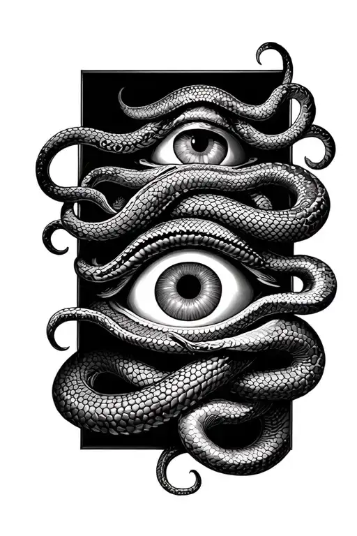 medusa eyes and snakes inside of a thin rectangle, 2 finger width tattoo design idea