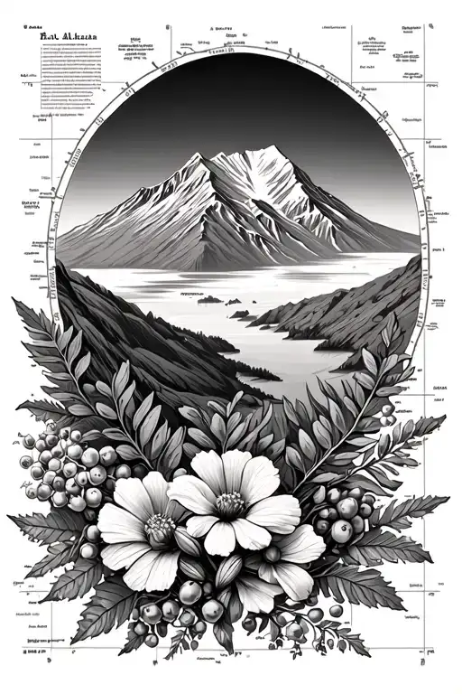 Alaskan wild flowers and berries, a mountain range, with a topographical map background tattoo design idea