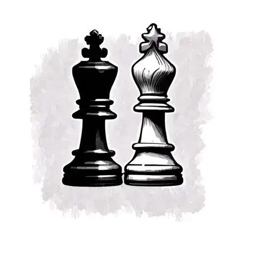 A black and a white bishop chess piece, standing side by side. The black bishop forms a shadow-like silhouette or reflec tattoo design idea