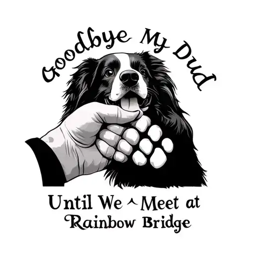human hand and border collie paw high five with Goodbye My Dud written above and then Until We Meet at Rainbow Bridge tattoo design idea