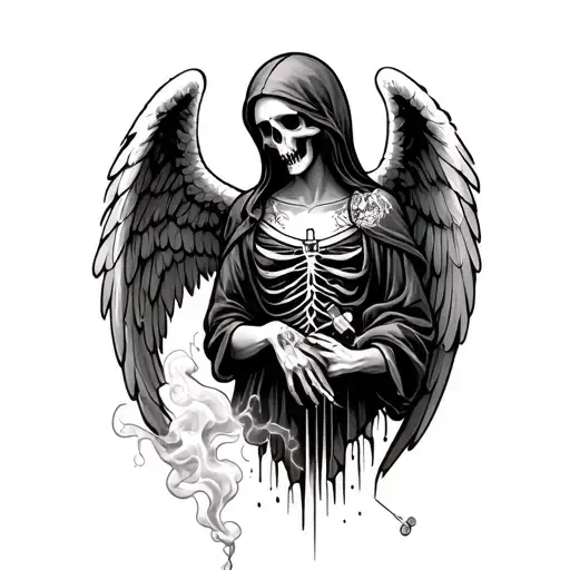 angel of death tattoo with smoke and drug paraphernalia emitting from it  tattoo design idea