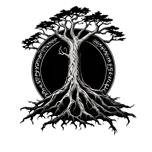 tree of Gondor mixed with Elden ring erdtree and elvish writing around border tattoo design idea