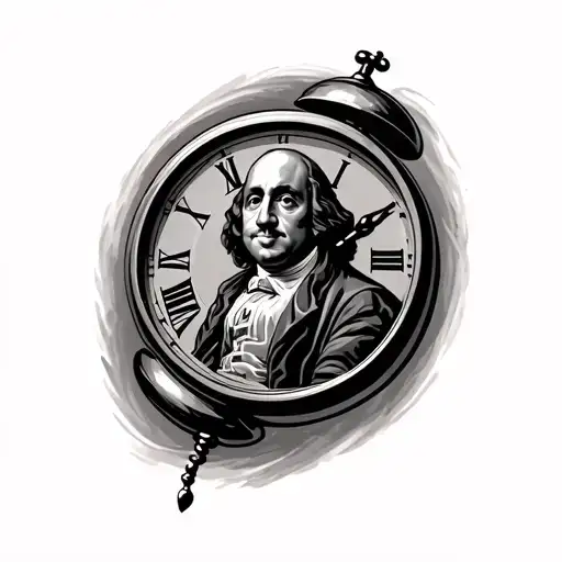 clock with image of Benjamin Franklin inside  tattoo design idea