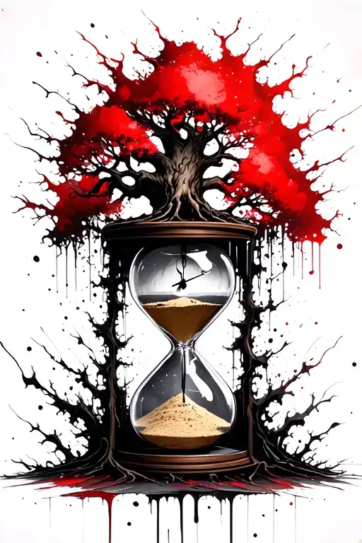 tree growing through hourglass with sand clock macabre tattoo design idea