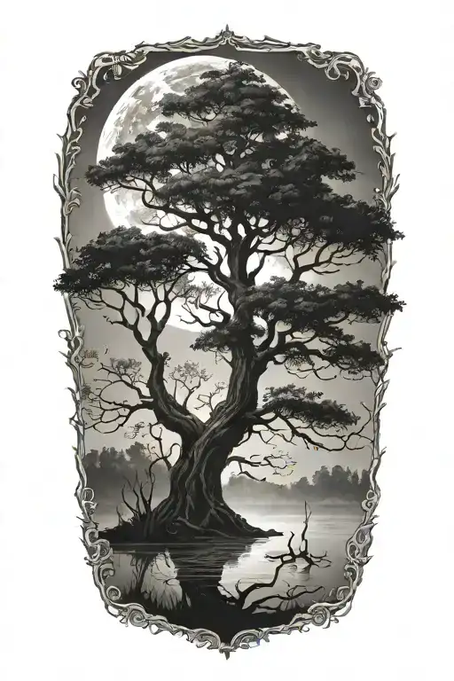 small tree in swamp with moon beams and fog tattoo design idea
