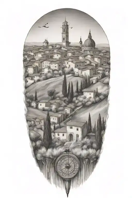 edges that fade and blend softly, italian tuscany landscape with olve and cypress trees and a compass  tattoo design idea