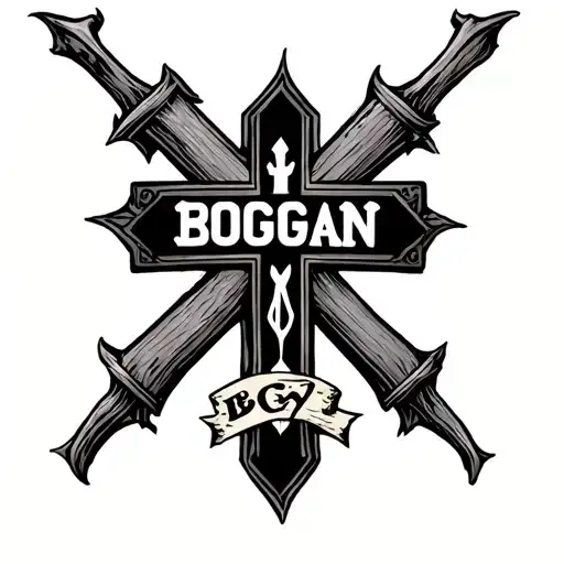 Big cross with the name bogan across the inside  tattoo design idea