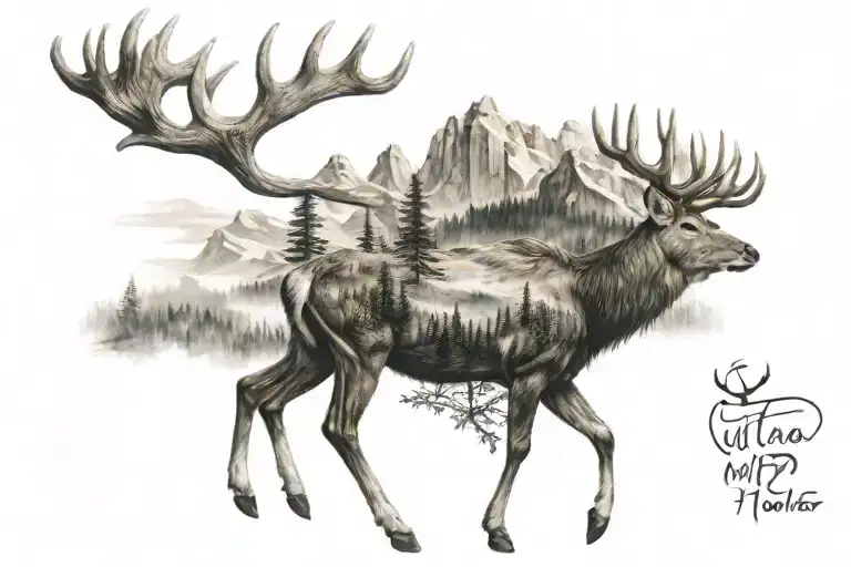 Forrest with mountains and deer antlers tattoo design idea