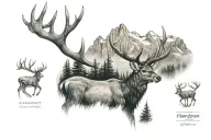 Forrest with mountains and deer antlers tattoo design idea