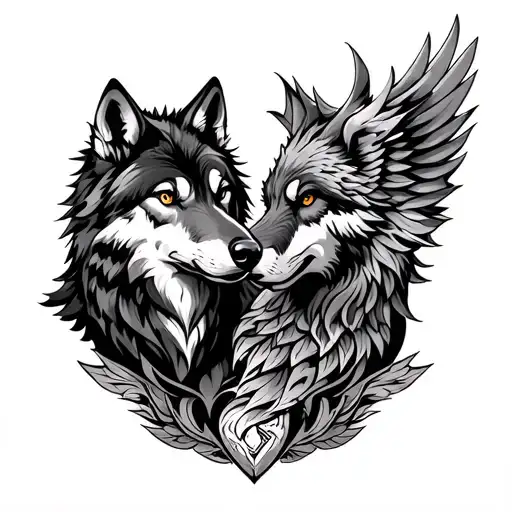 2 wolves and pheonix rising tattoo design idea