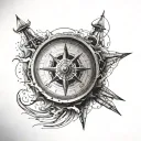 A huge compass with grunge detail. Within the compass itself, you see a lion and a ship sailoring on the ocean. tattoo design idea