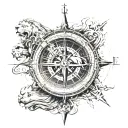 A huge compass with grunge detail. Within the compass itself, you see a lion and a ship sailoring on the ocean. tattoo design idea
