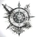 A huge compass with grunge detail. Within the compass itself, you see a lion and a ship sailoring on the ocean. tattoo design idea