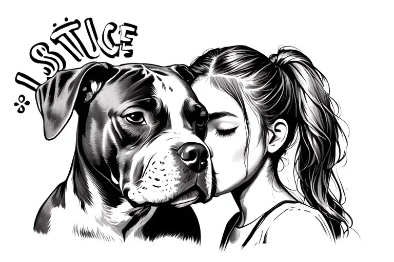 "Justice" A small one-tone pit bull puppy and a girl with a ponytail touching their foreheads together with their eyes closed tattoo design idea