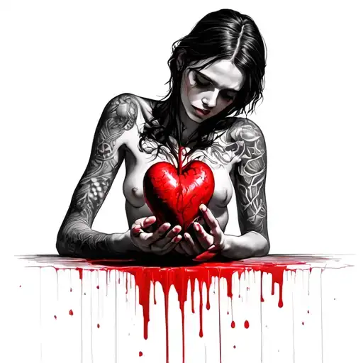 Woman covered with shadows holding her bleeding heart in her outstretched hands tattoo design idea