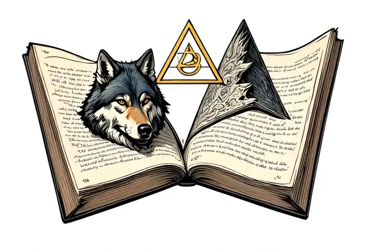illuminati book and wolf tattoo design idea