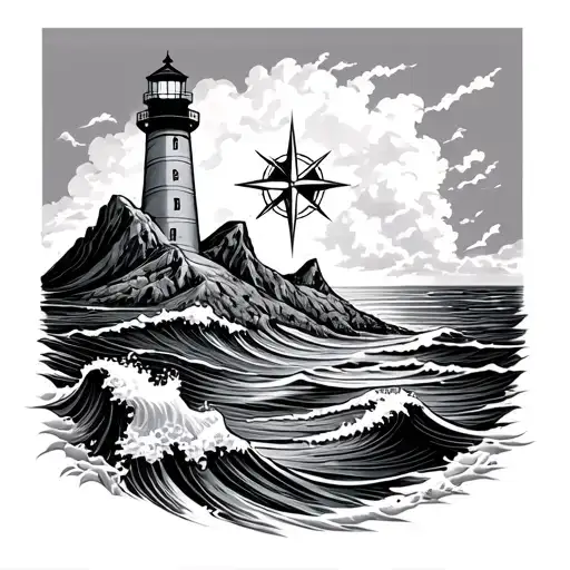 lighthouse, mountain, sea, compass, clock, wave, veins tattoo design idea