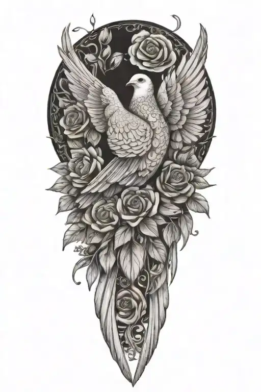 zentangle dove wings closed perched atop roses tattoo design idea