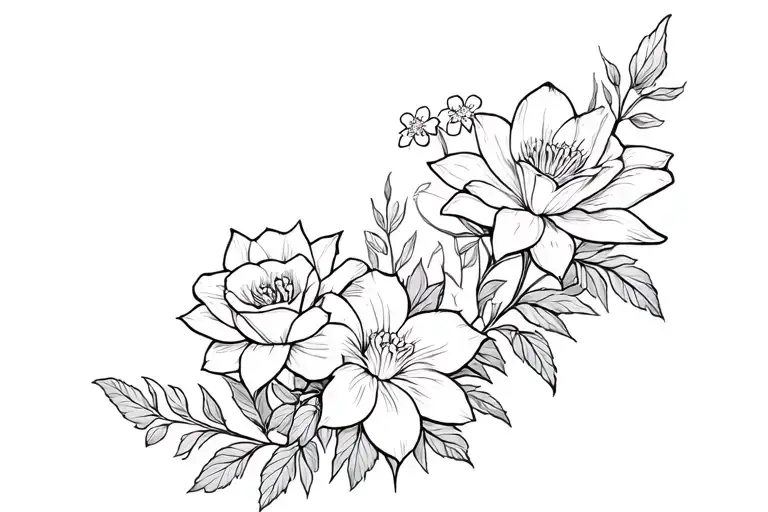 roses, forget me nots, dafodils, and water lilys tattoo design idea