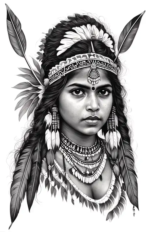 Indian woman, young, with arrows and feathers tattoo design idea