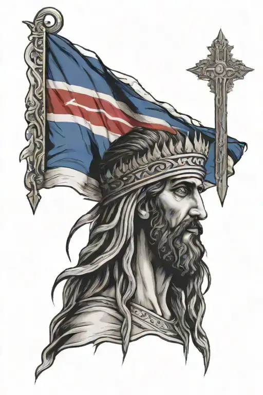 Assyrian flag with Jesus in front weeping and praying tattoo design idea