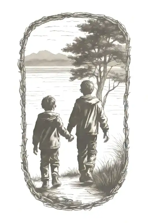 siloutte of an older brother and younger brother walking away hand in hand tattoo design idea