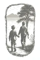 siloutte of an older brother and younger brother walking away hand in hand tattoo design idea